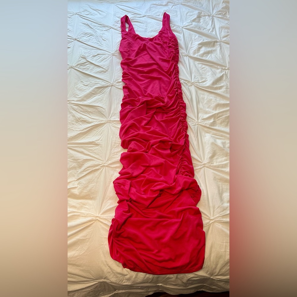 Midi length bight pink zipper scoop neck dress